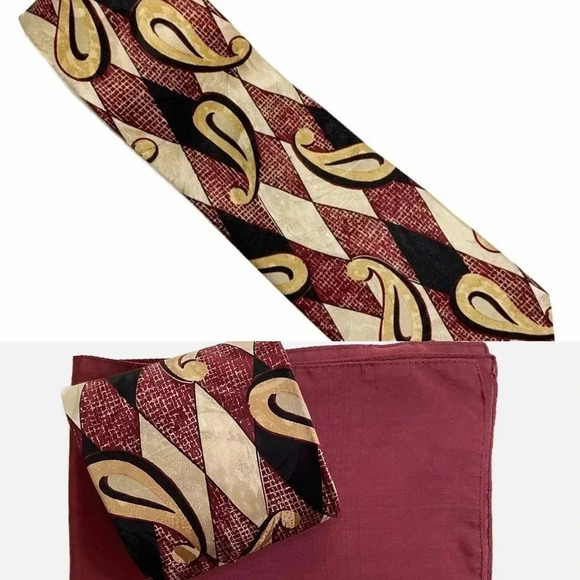 2/$30 ROBERT TALBOTT Burgundy Paisley Silk Tie & Pocket Square - Picture 2 of 16